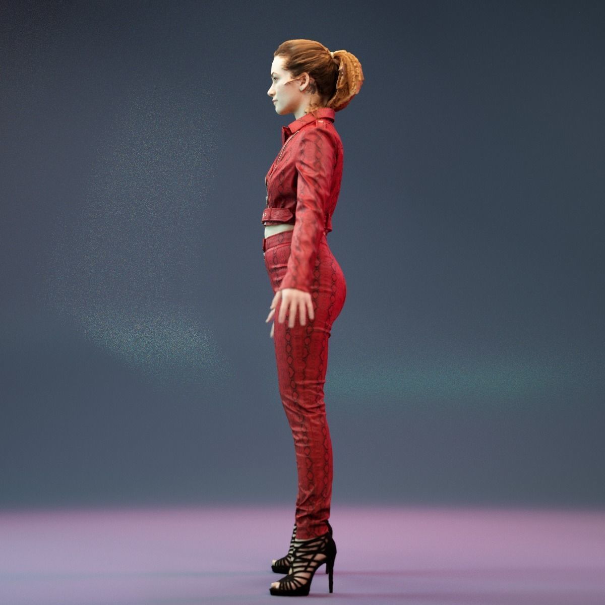 A Pose Girl in Leather Snake Suit and Heels Low-poly 3D model_9