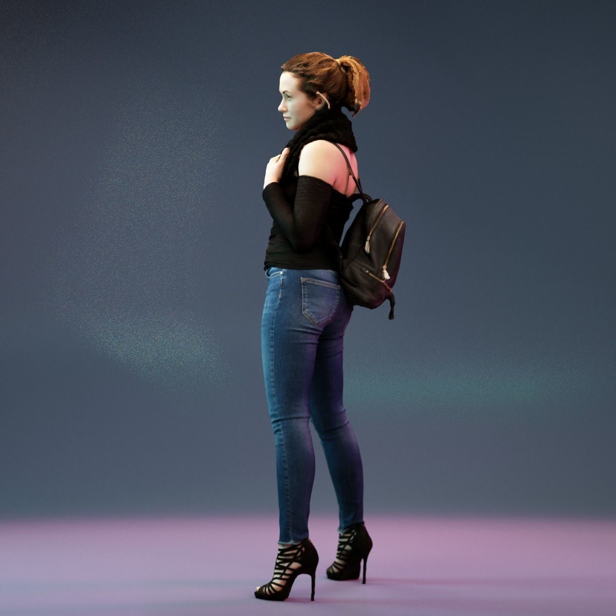 Girl holding Big Scarf in Jeans and Heels Low-poly 3D model_9