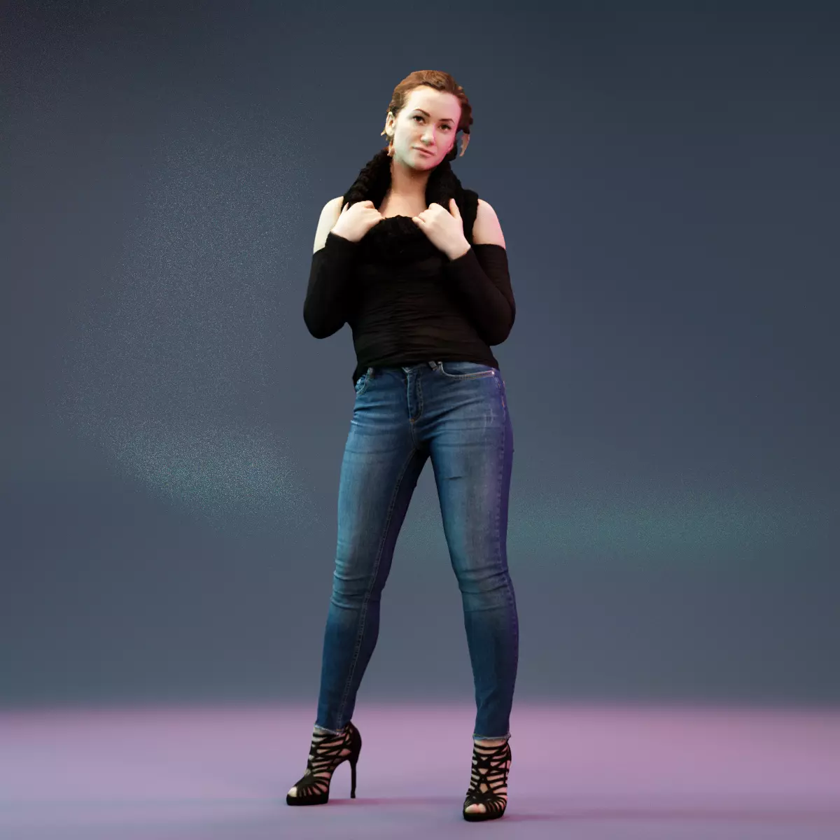 Girl holding Big Scarf in Jeans and Heels Low-poly 3D model_0