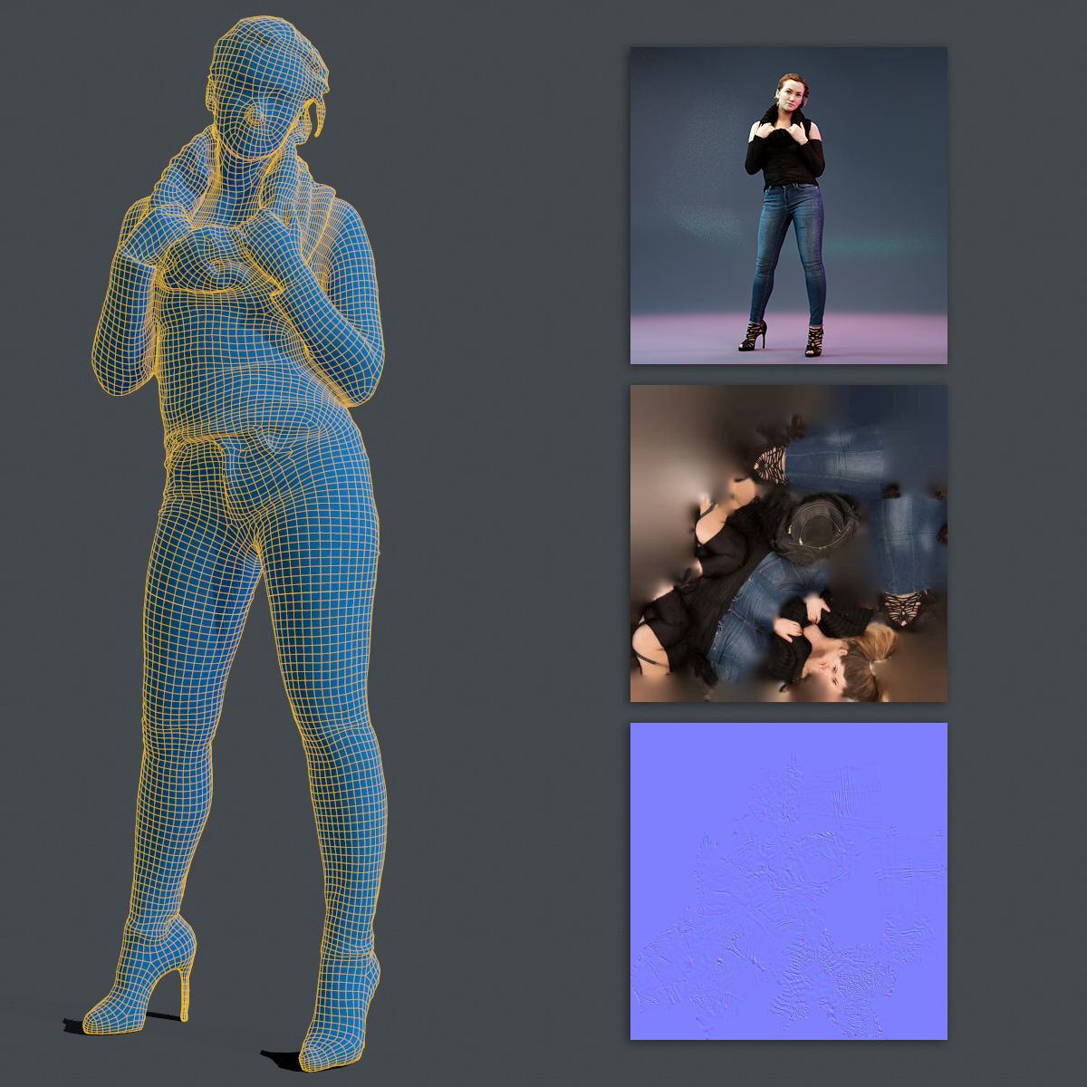 Girl holding Big Scarf in Jeans and Heels Low-poly 3D model_12