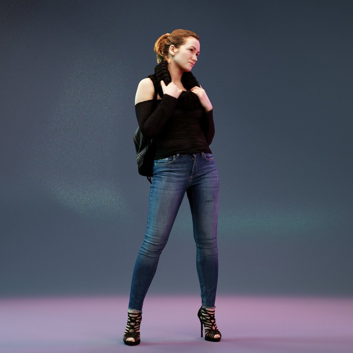 Girl holding Big Scarf in Jeans and Heels Low-poly 3D model_2