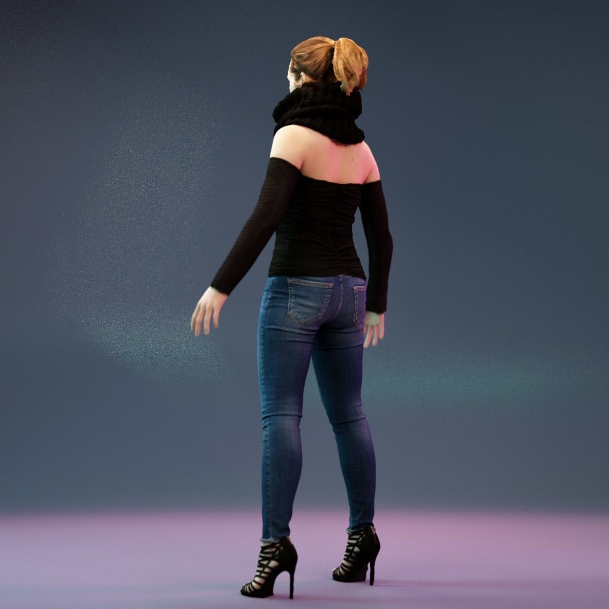 A Pose Girl in Jeans and big Scarf Low-poly 3D model_8