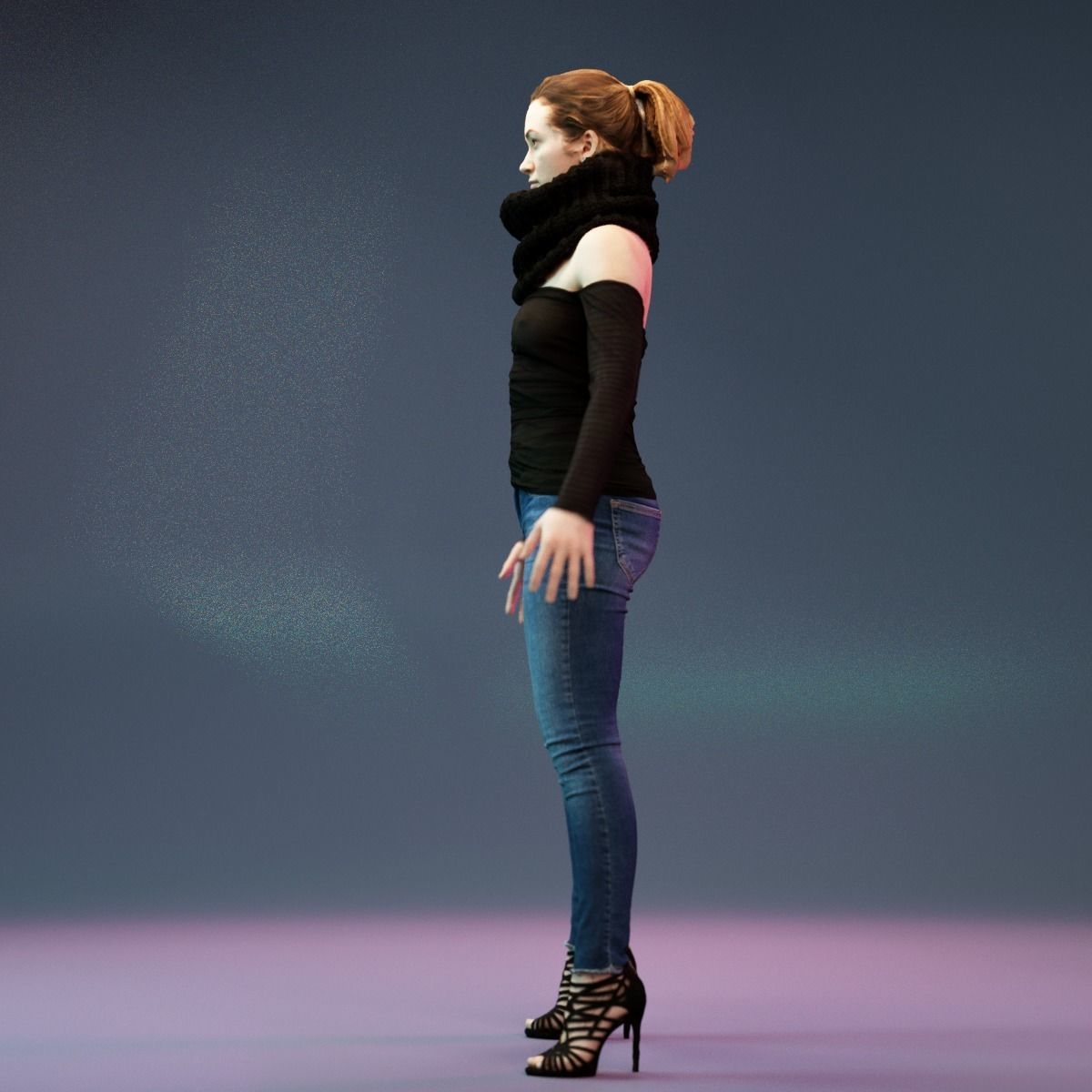 A Pose Girl in Jeans and big Scarf Low-poly 3D model_9