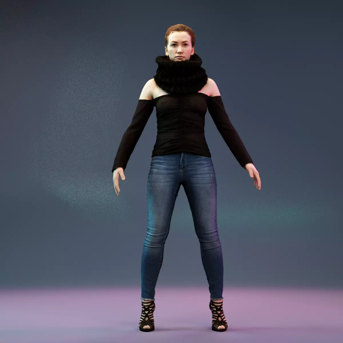 A Pose Girl in Jeans and big Scarf Low-poly 3D model_0