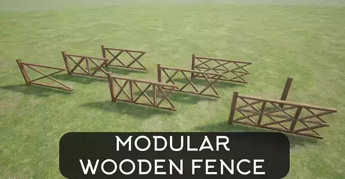 Modular Wooden Fence Low-poly 3D model
