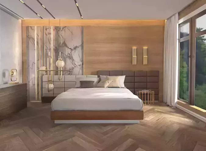 interior modern bedroom with wood floors