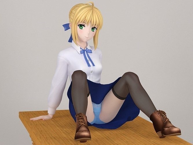 Saber anime girl pose 02 3D model