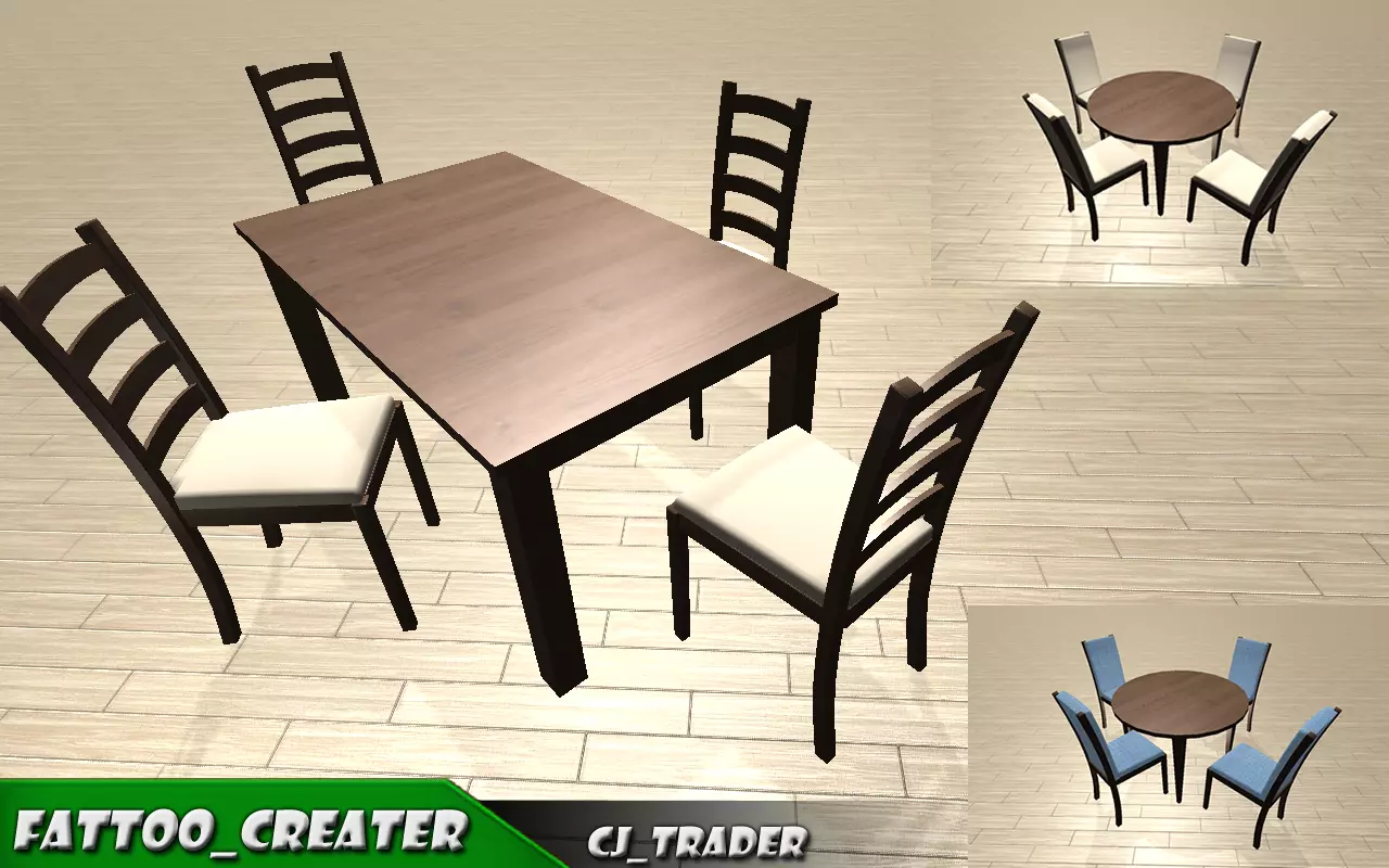 Kitchen Dining table set low poly 3d model Low-poly 3D model_0