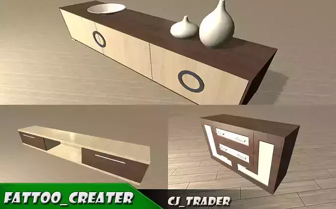 TV stand table set low poly 3d model Low-poly 3D model