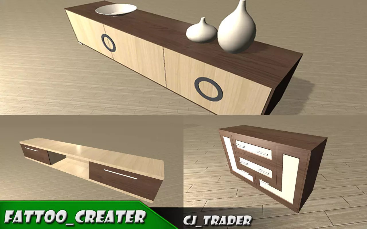 TV stand table set low poly 3d model Low-poly 3D model_0