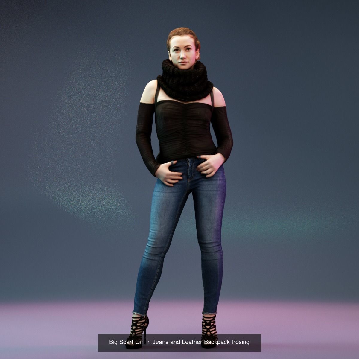 4 Big Black Scarf Girls in Jeans 3D Model Collection_2