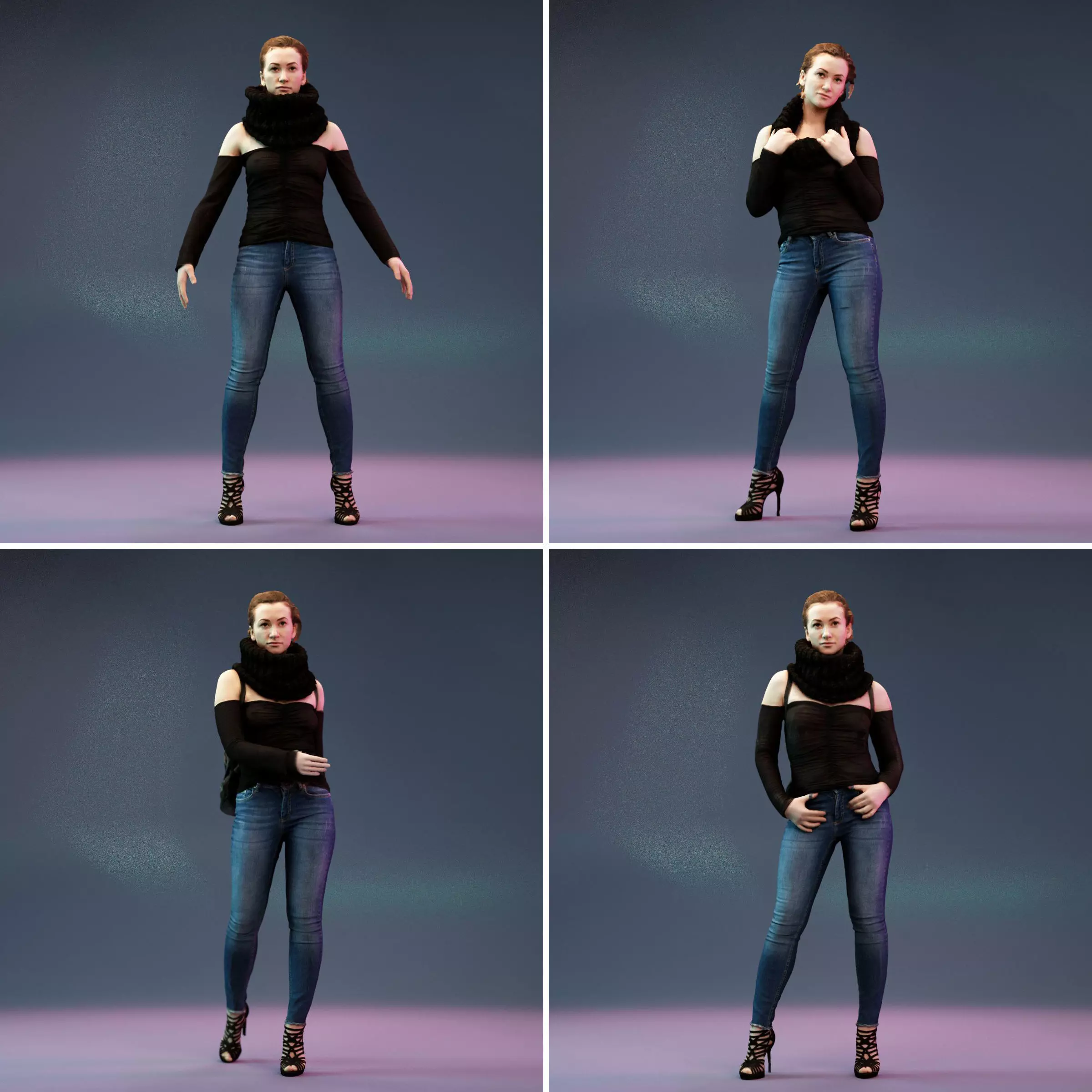 4 Big Black Scarf Girls in Jeans 3D Model Collection_0