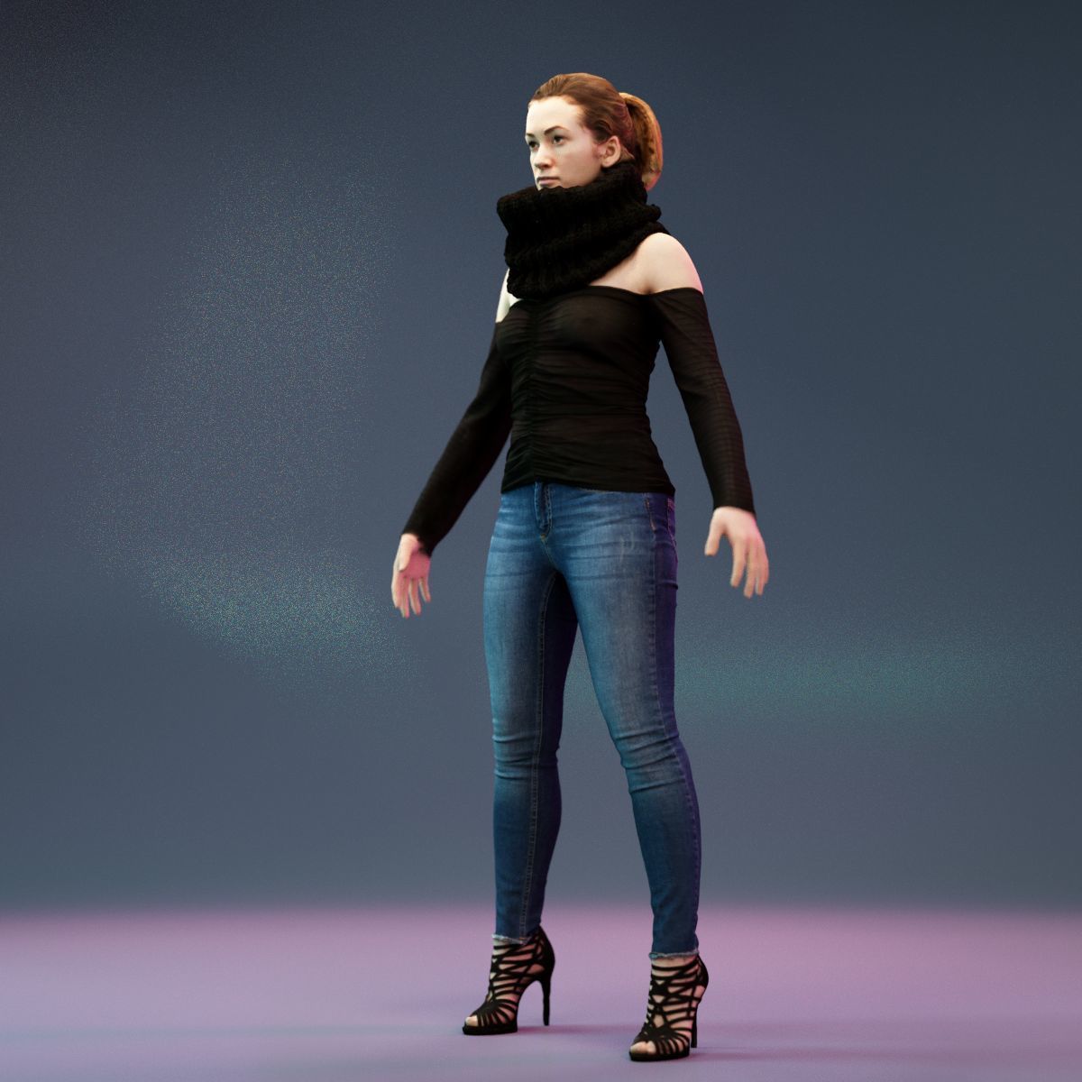 4 Big Black Scarf Girls in Jeans 3D Model Collection_20