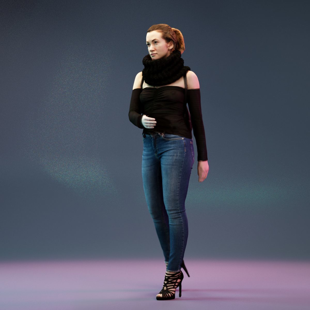 4 Big Black Scarf Girls in Jeans 3D Model Collection_8