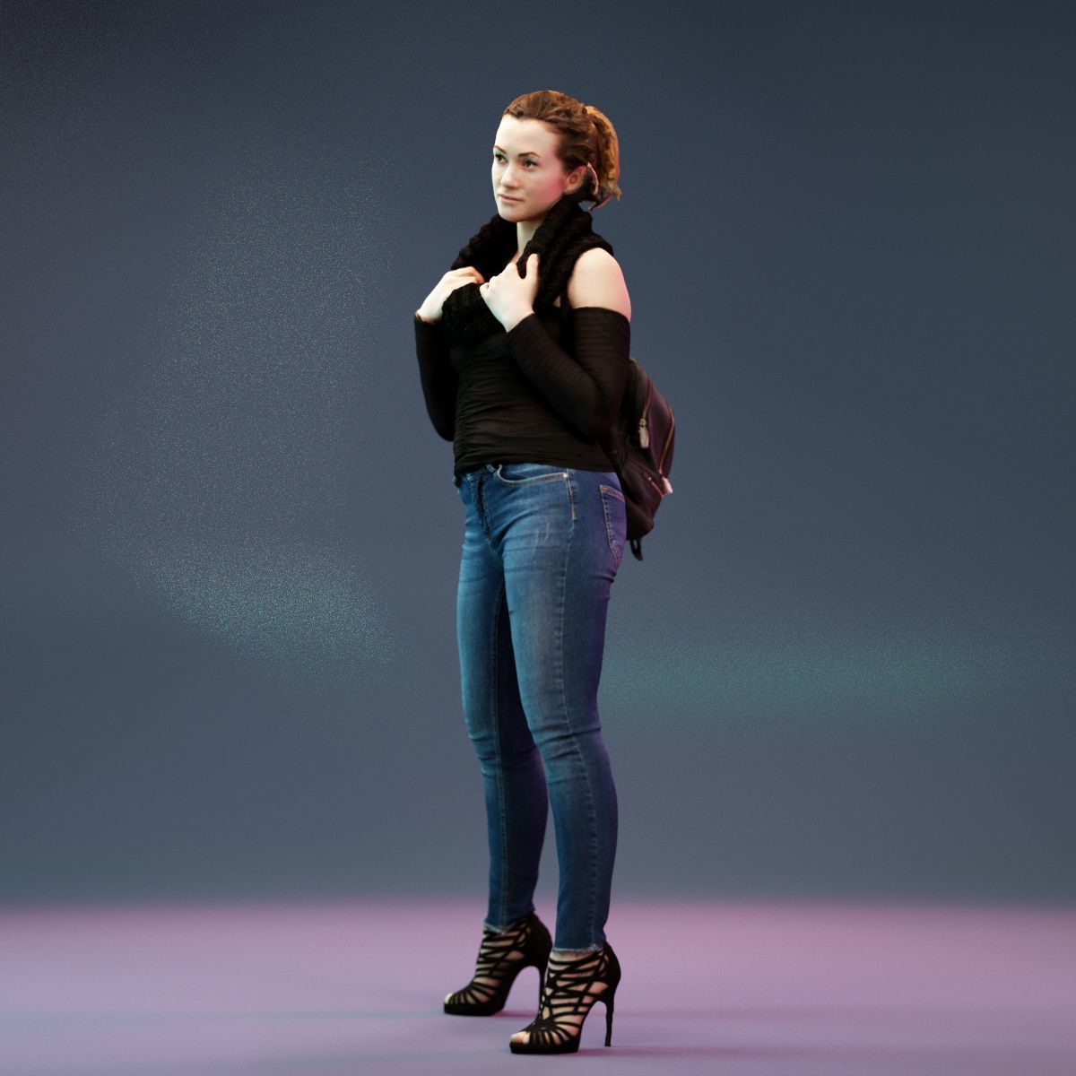4 Big Black Scarf Girls in Jeans 3D Model Collection_13