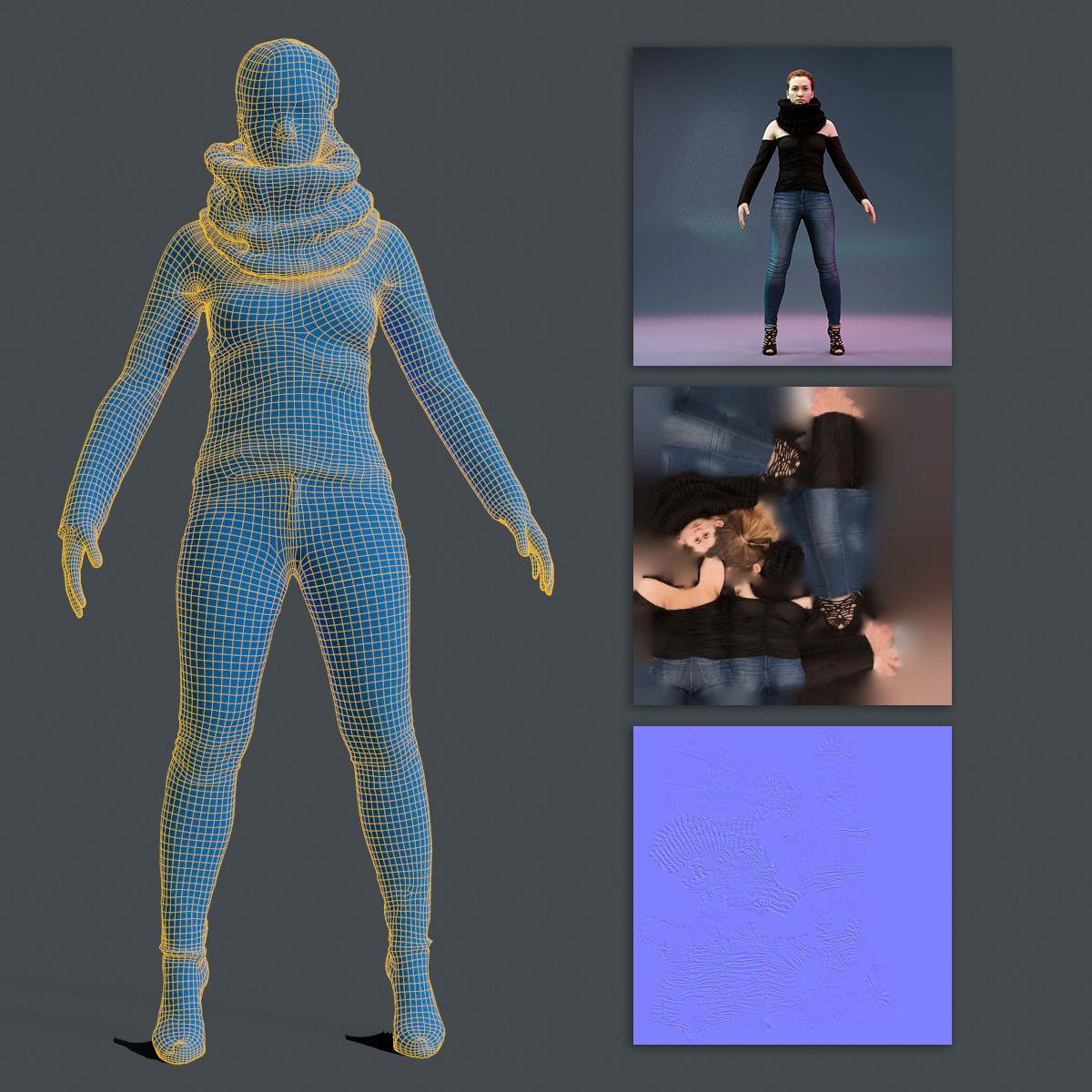 4 Big Black Scarf Girls in Jeans 3D Model Collection_17