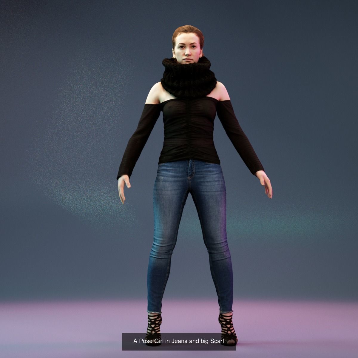 4 Big Black Scarf Girls in Jeans 3D Model Collection_16