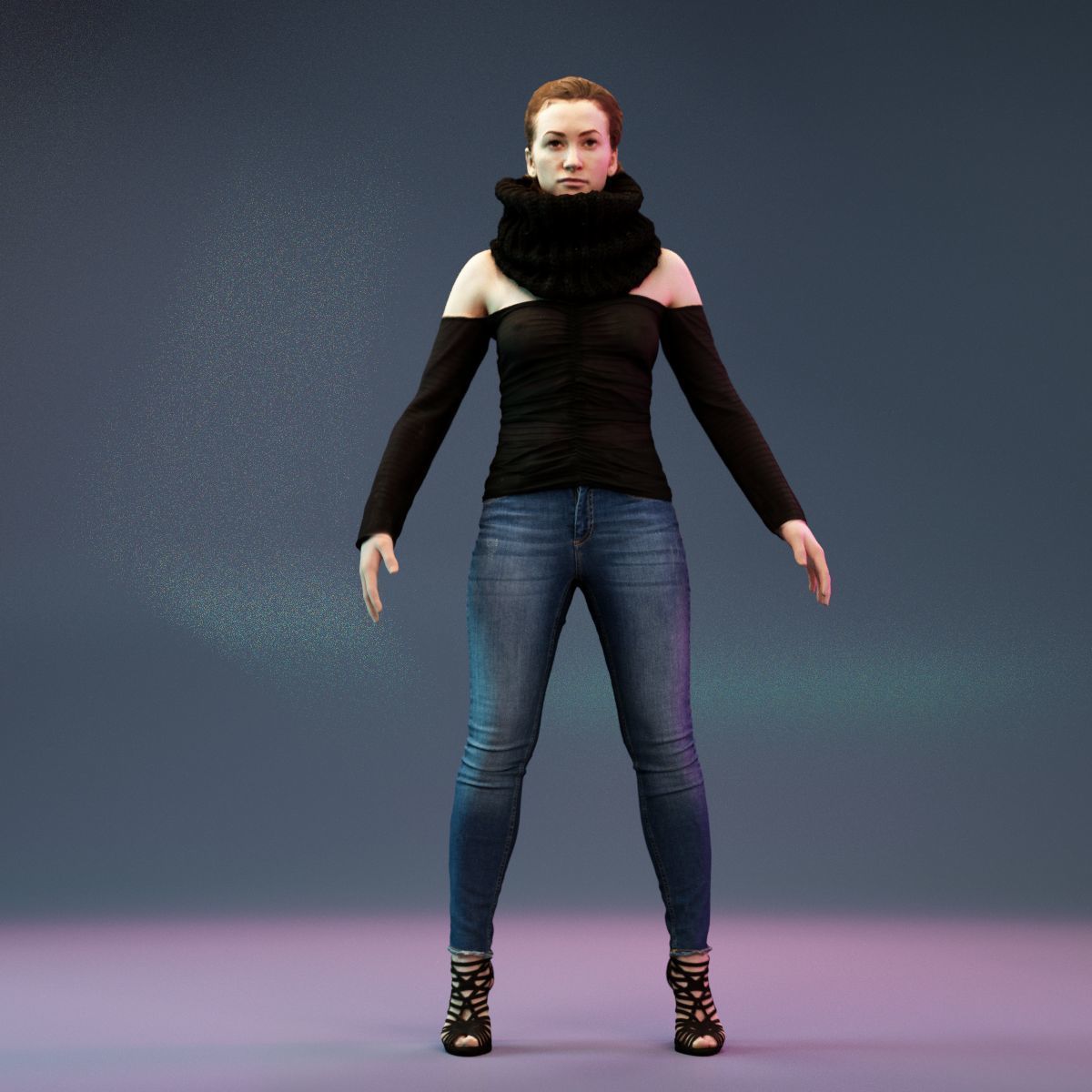4 Big Black Scarf Girls in Jeans 3D Model Collection_18