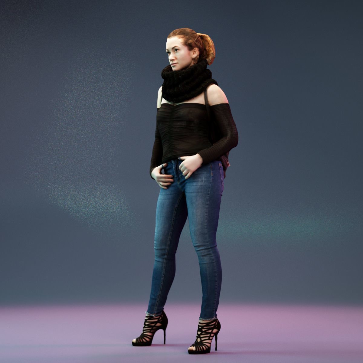 4 Big Black Scarf Girls in Jeans 3D Model Collection_3