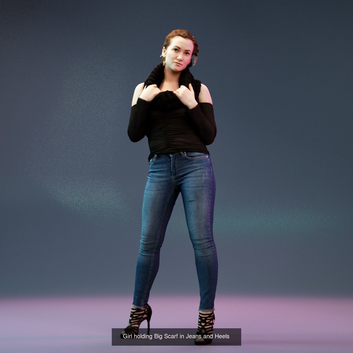 4 Big Black Scarf Girls in Jeans 3D Model Collection_11