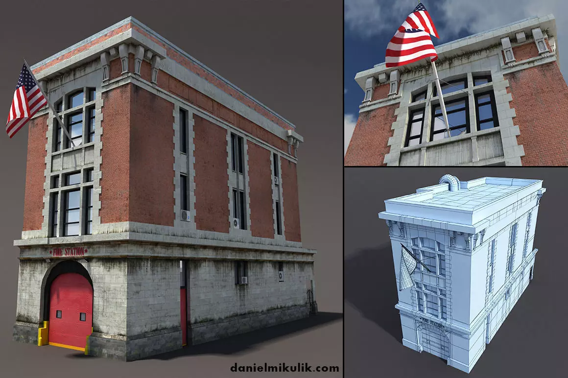 Fire Station Building Low Poly Low-poly 3D model_0