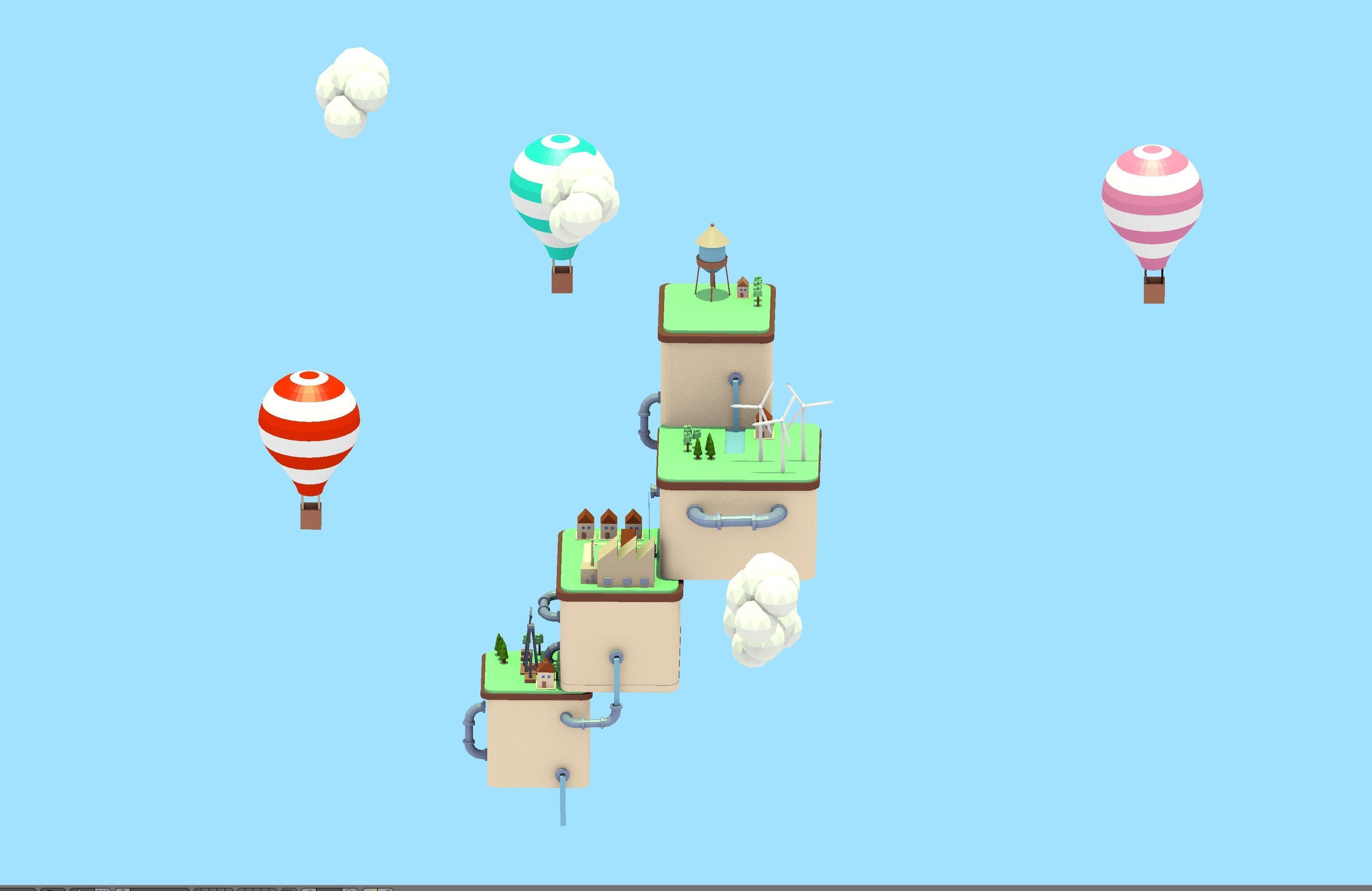 Low Poly Island hot air balloons Low-poly 3D model_1