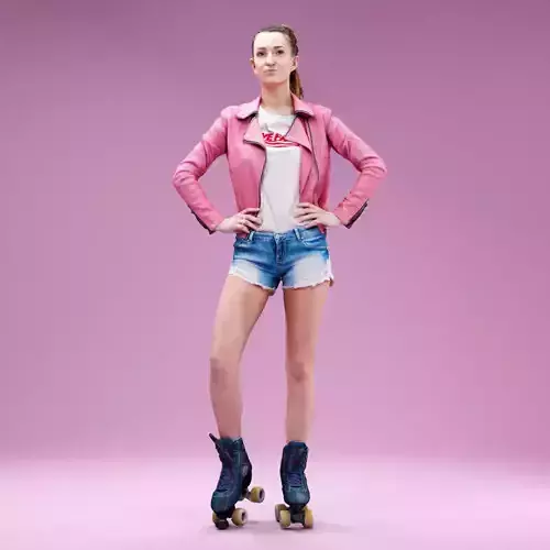 Pink Skater Girl in Jeans Shorts