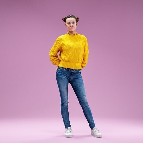 Relaxed Girl In Yellow Pull Jeans and White Sneakers Low-poly 3D model