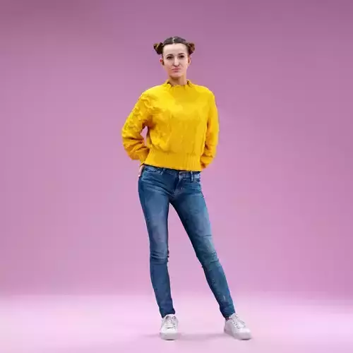 Relaxed Girl In Yellow Pull Jeans and White Sneakers
