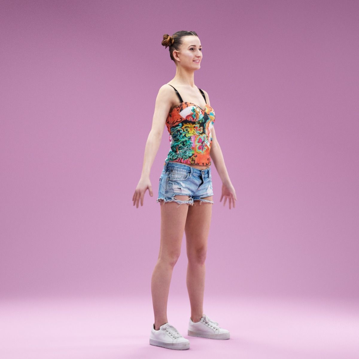 A Pose Girl in Jeans Shorts White Sneakers and Flower Top Low-poly 3D model_2