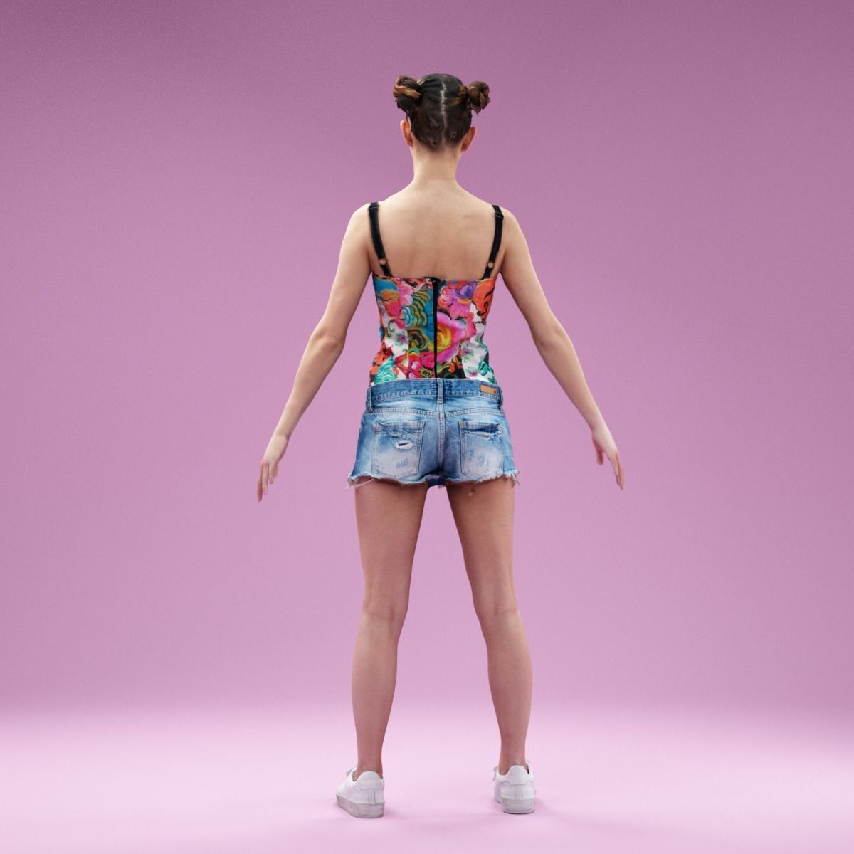 A Pose Girl in Jeans Shorts White Sneakers and Flower Top Low-poly 3D model_6