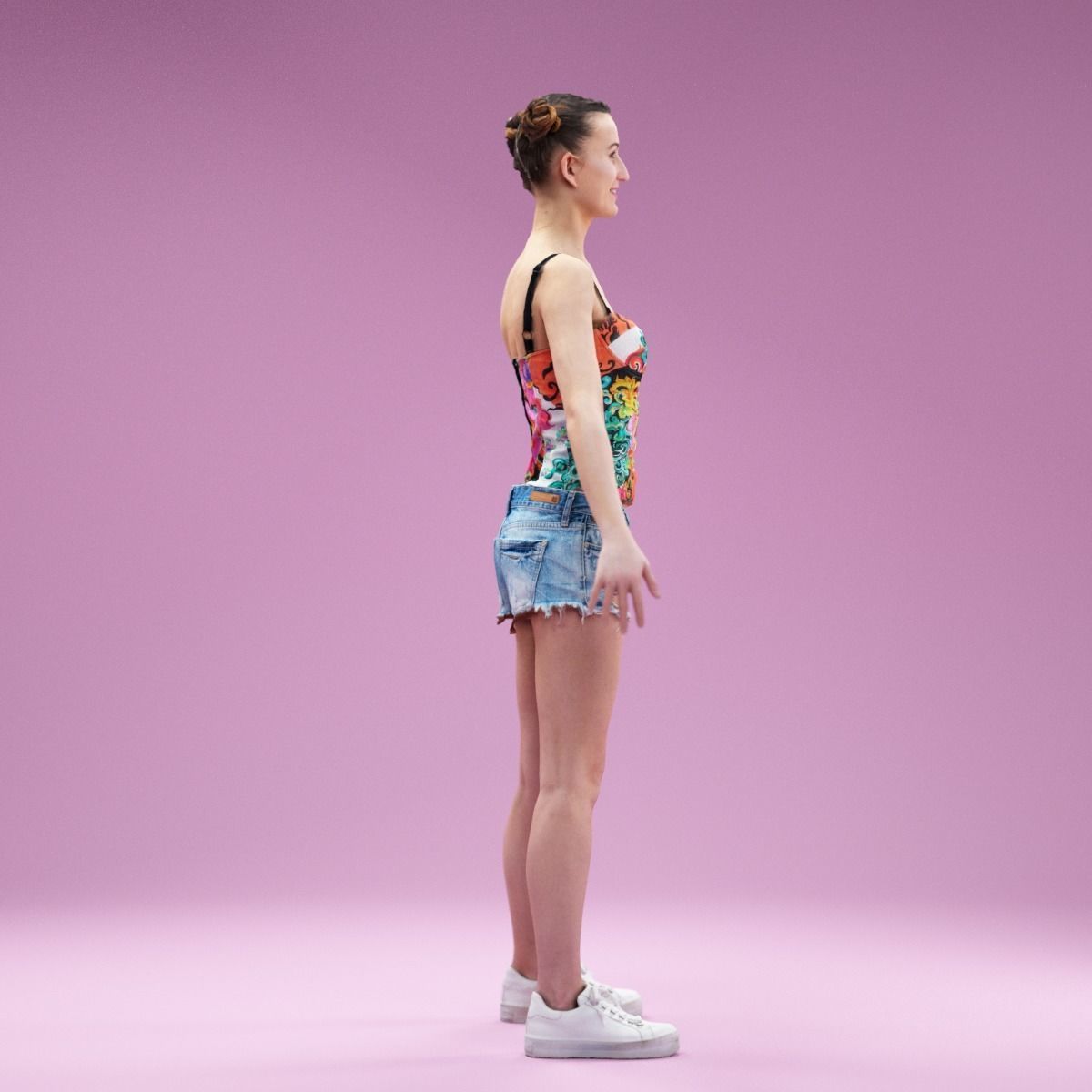 A Pose Girl in Jeans Shorts White Sneakers and Flower Top Low-poly 3D model_3