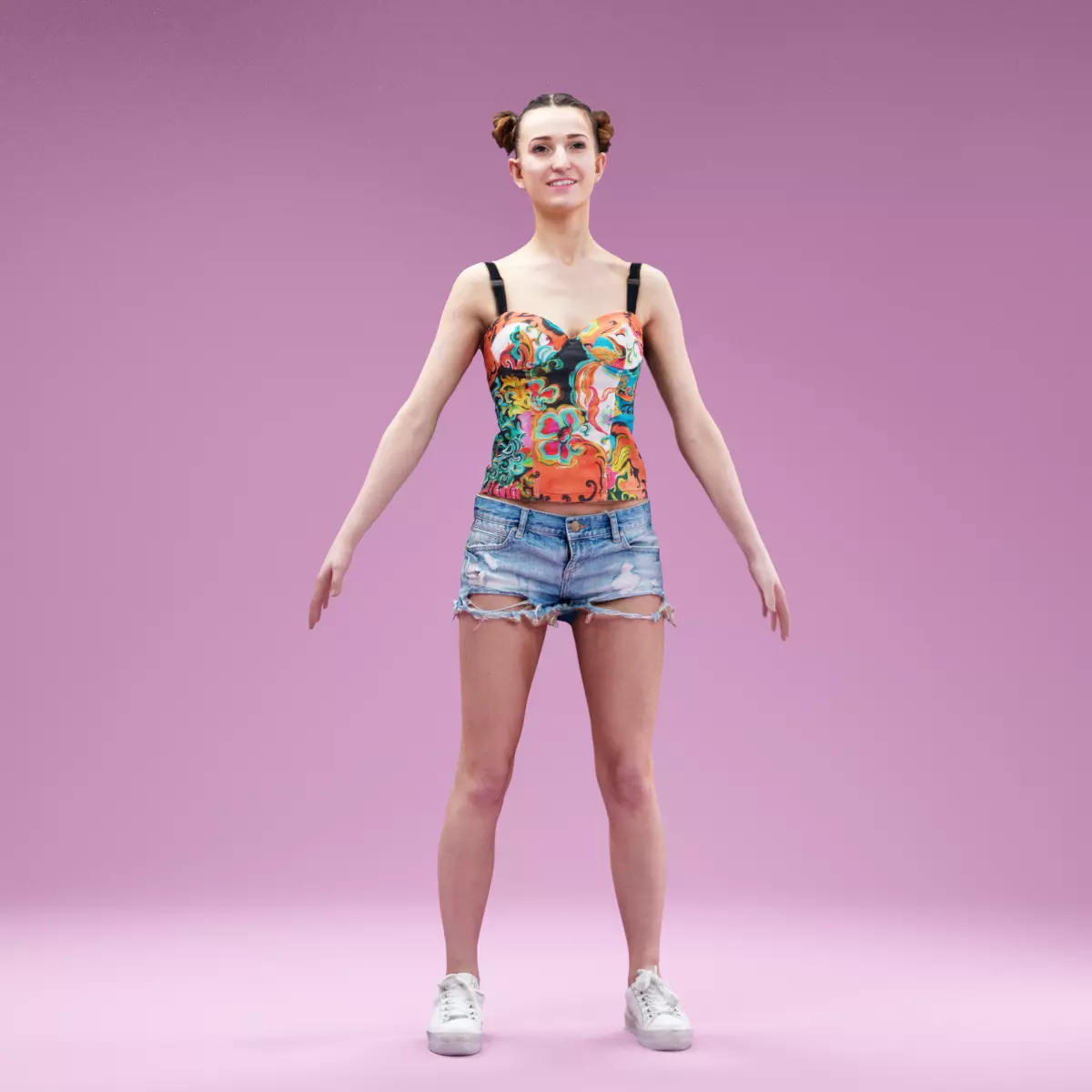 A Pose Girl in Jeans Shorts White Sneakers and Flower Top Low-poly 3D model_0