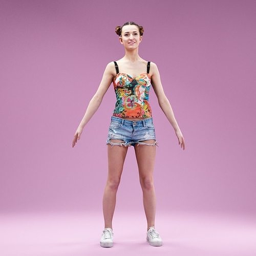A Pose Girl in Jeans Shorts White Sneakers and Flower Top Low-poly 3D model