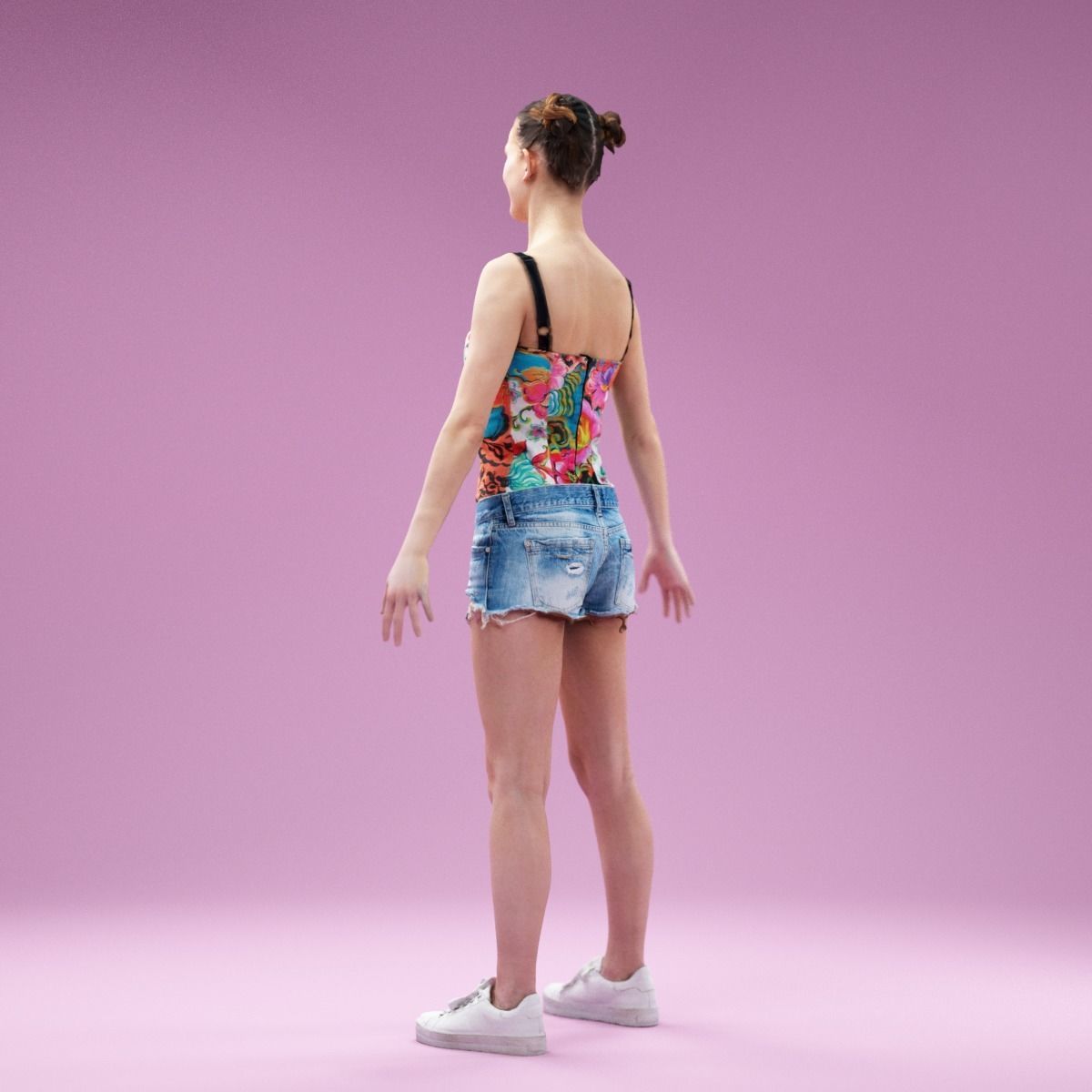 A Pose Girl in Jeans Shorts White Sneakers and Flower Top Low-poly 3D model_8