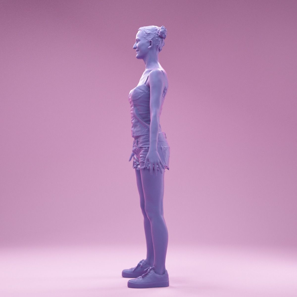 A Pose Girl in Jeans Shorts White Sneakers and Flower Top Low-poly 3D model_10