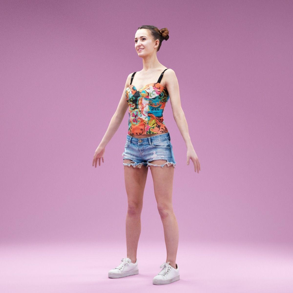 A Pose Girl in Jeans Shorts White Sneakers and Flower Top Low-poly 3D model_11