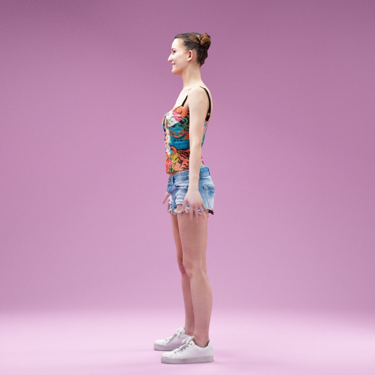 A Pose Girl in Jeans Shorts White Sneakers and Flower Top Low-poly 3D model_9