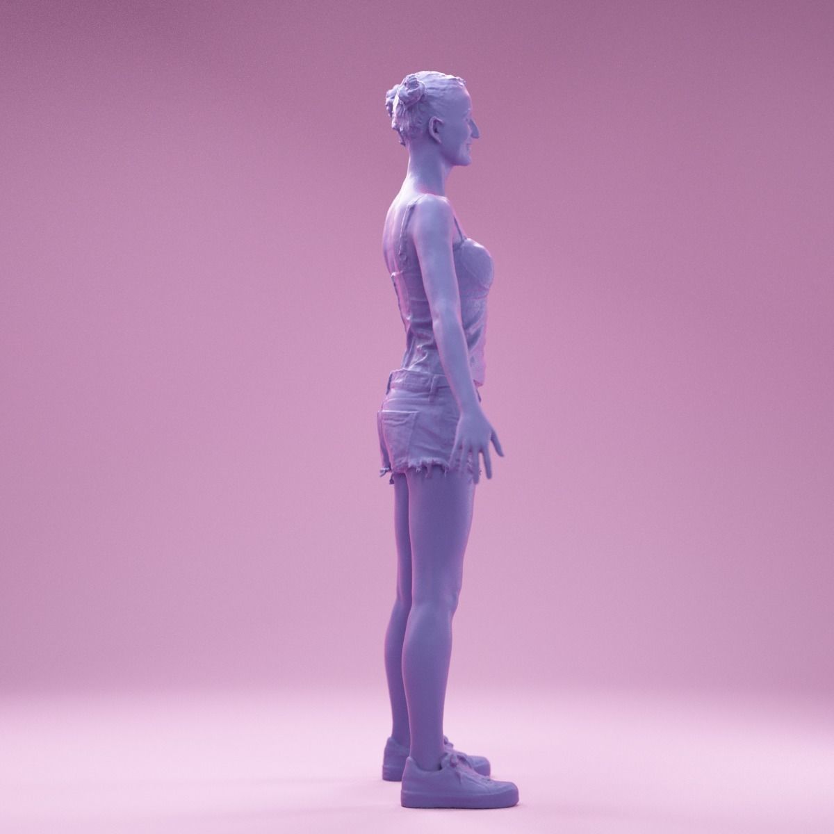 A Pose Girl in Jeans Shorts White Sneakers and Flower Top Low-poly 3D model_4