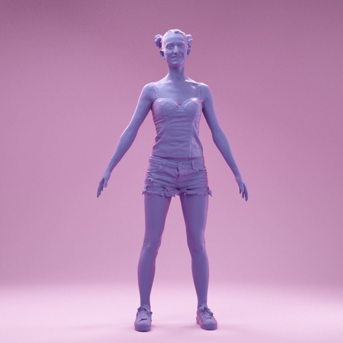 A Pose Girl in Jeans Shorts White Sneakers and Flower Top Low-poly 3D model_1