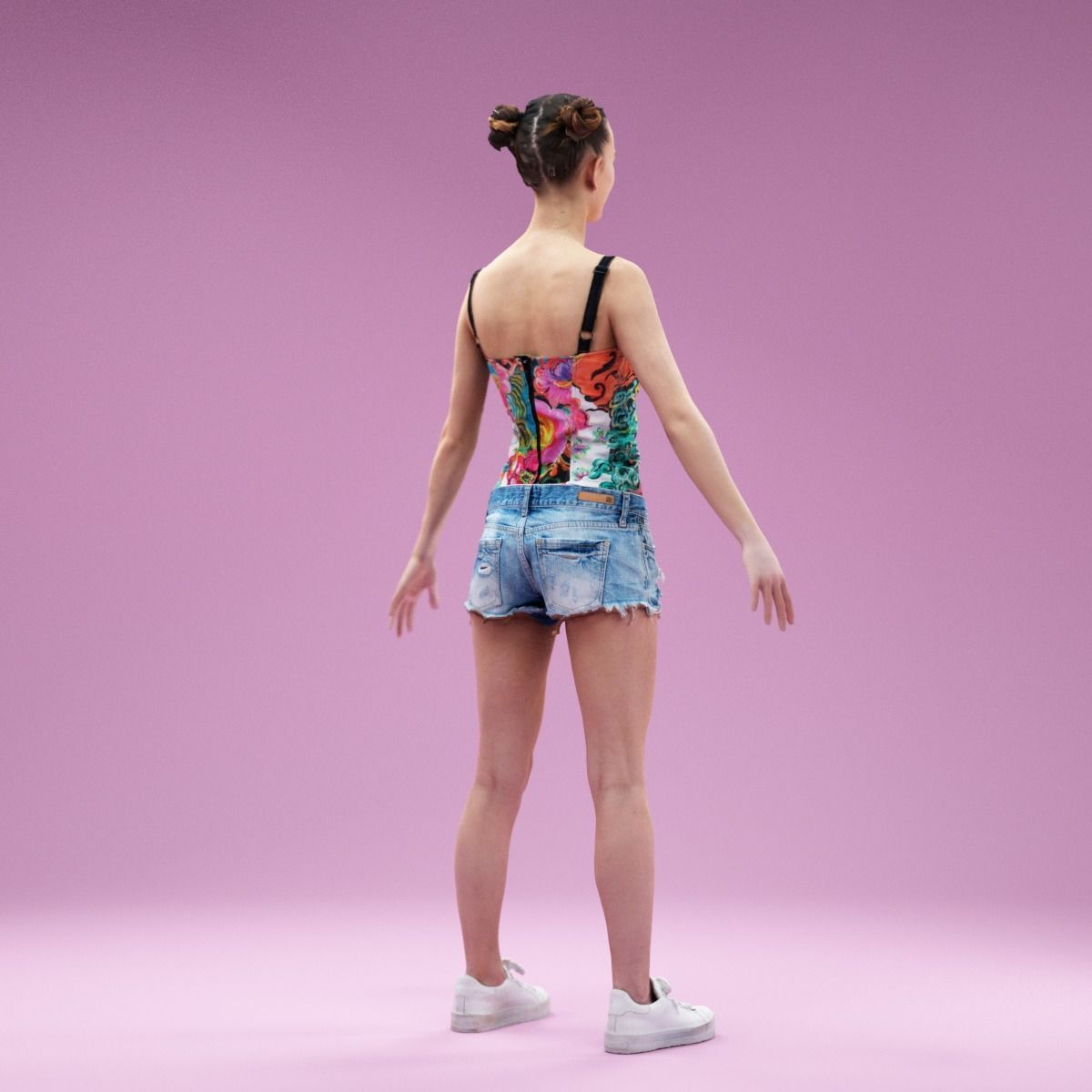 A Pose Girl in Jeans Shorts White Sneakers and Flower Top Low-poly 3D model_5