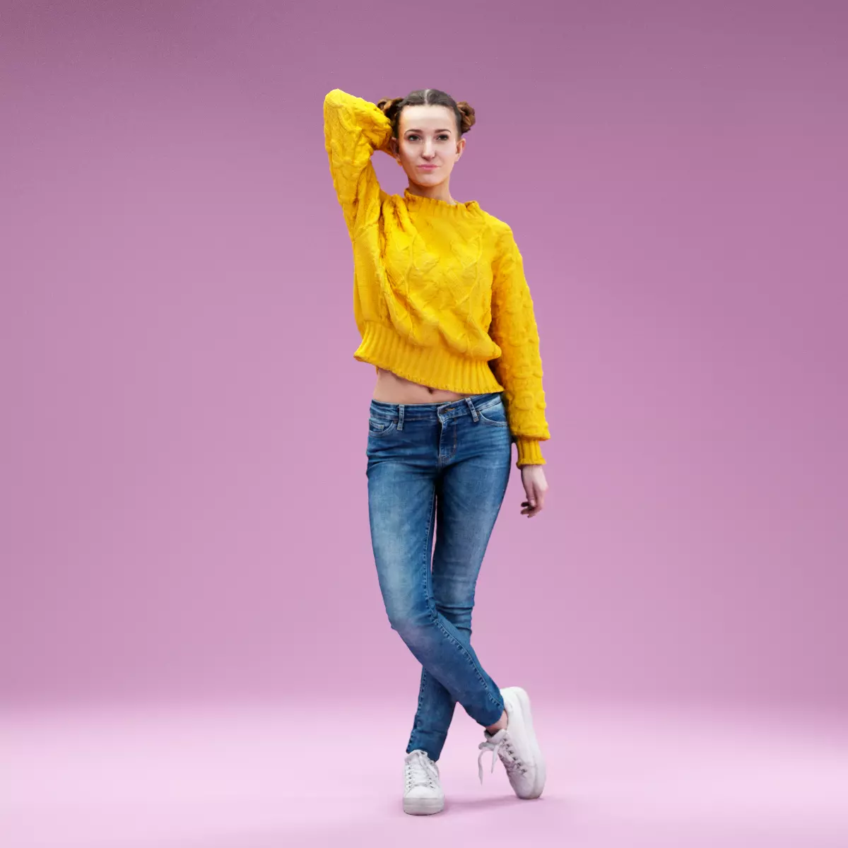 Girl wearing Yellow Pull and Jeans Shorts Hand in Neck Low-poly 3D model