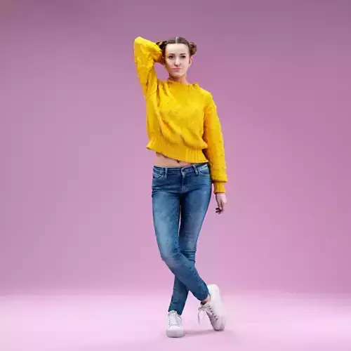 Girl wearing Yellow Pull and Jeans Shorts Hand in Neck