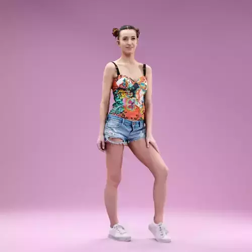 Girl posing Hand on Leg in Jeans Shorts and Flower Top Low-poly 3D model