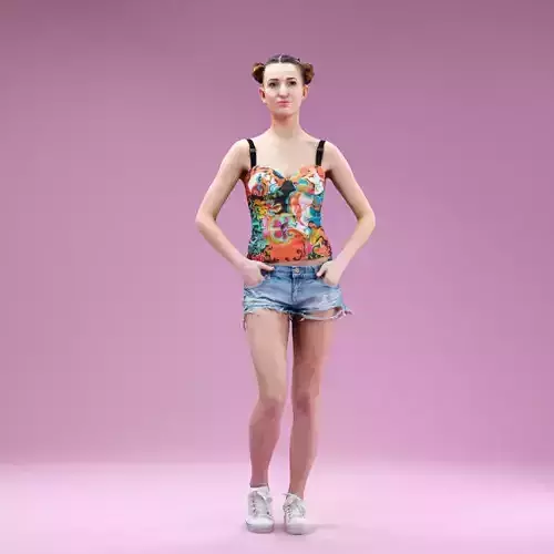 Flower Top and Jeans Short Girl with Hands in Pockets Posing Low-poly 3D model