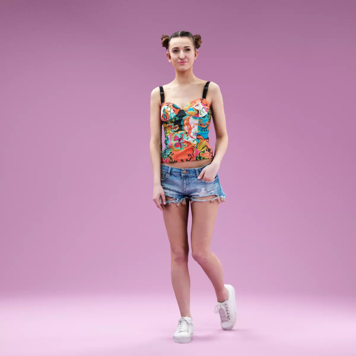 Cute Girl posing in Jeans Shorts Sneakers and Flower Top Low-poly 3D model