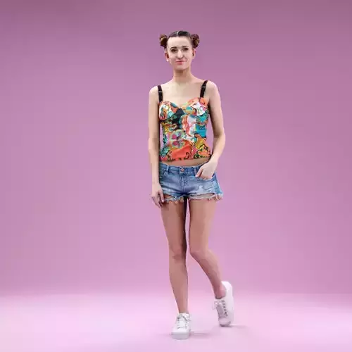 Cute Girl posing in Jeans Shorts Sneakers and Flower Top