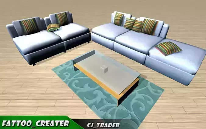 sofa set low poly with carped 3d model Low-poly 3D model