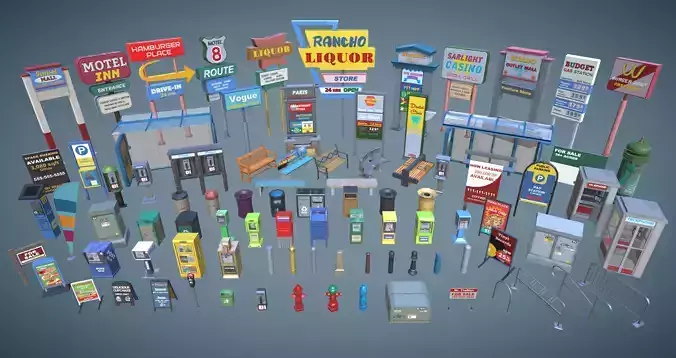 Street Props Set A Low-poly 3D model