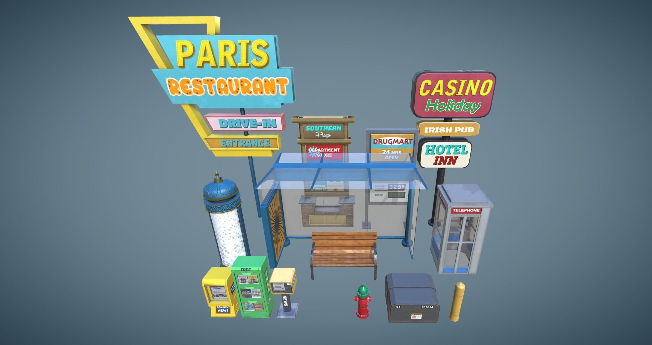 Street Props Set A Low-poly 3D model_4